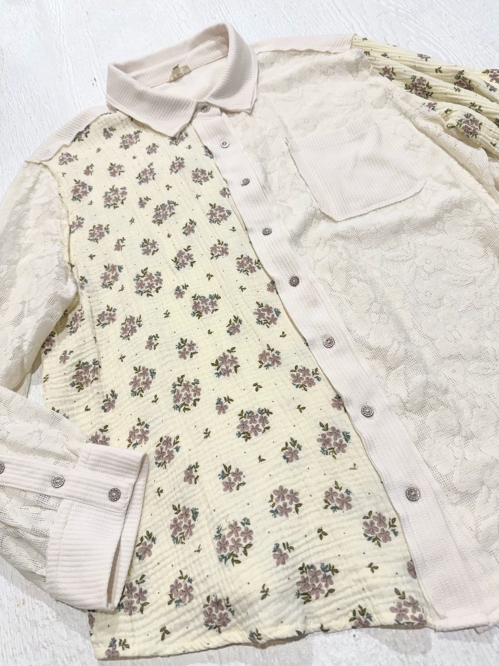 POL Romantic Floral Blouse Mixed Media Button Down Whimsical Spring Layering - Picture 8 of 11